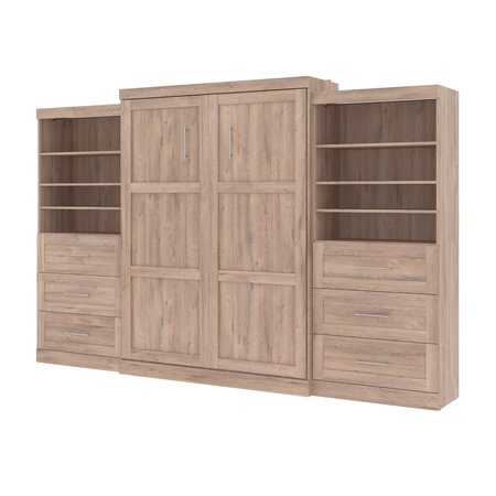 Bestar Pur Queen Murphy Bed and 2 Shelving Units with Drawers (136W) in rustic brown 26886-000009